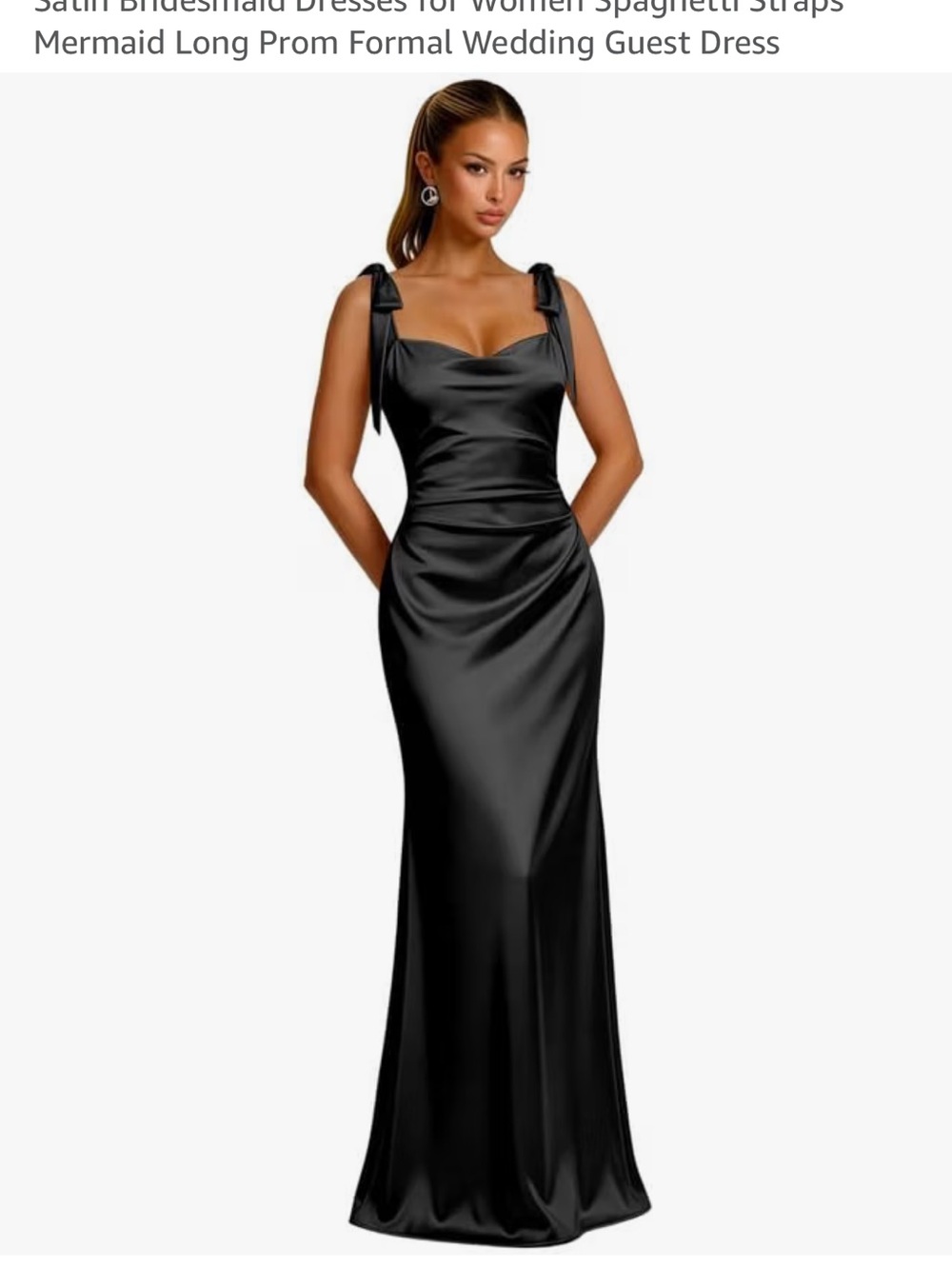 Black Satin Mermaid Maxi Dress with Tie Shoulder Straps bridesmaid dress